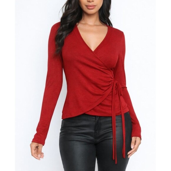 Tops - Women’s Red Long Sleeve Wrap Top with Tie Detail Size M